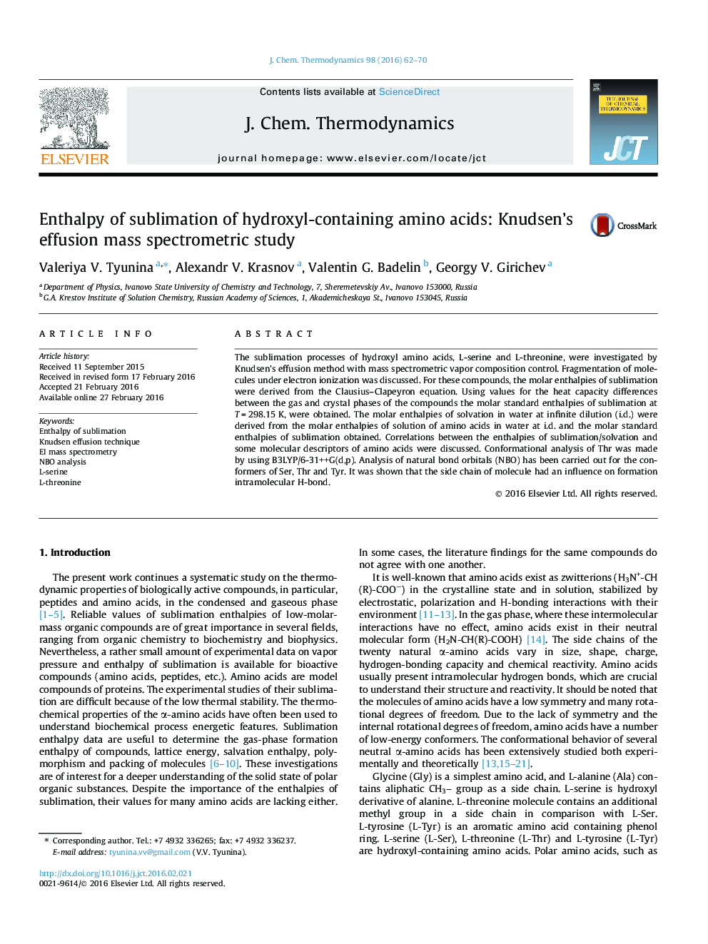 Enthalpy of sublimation of hydroxyl-containing amino acids: Knudsen’s effusion mass spectrometric study