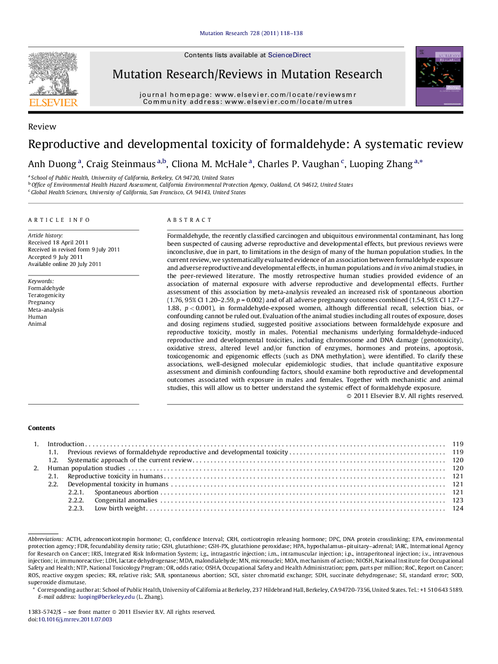 Reproductive and developmental toxicity of formaldehyde: A systematic review