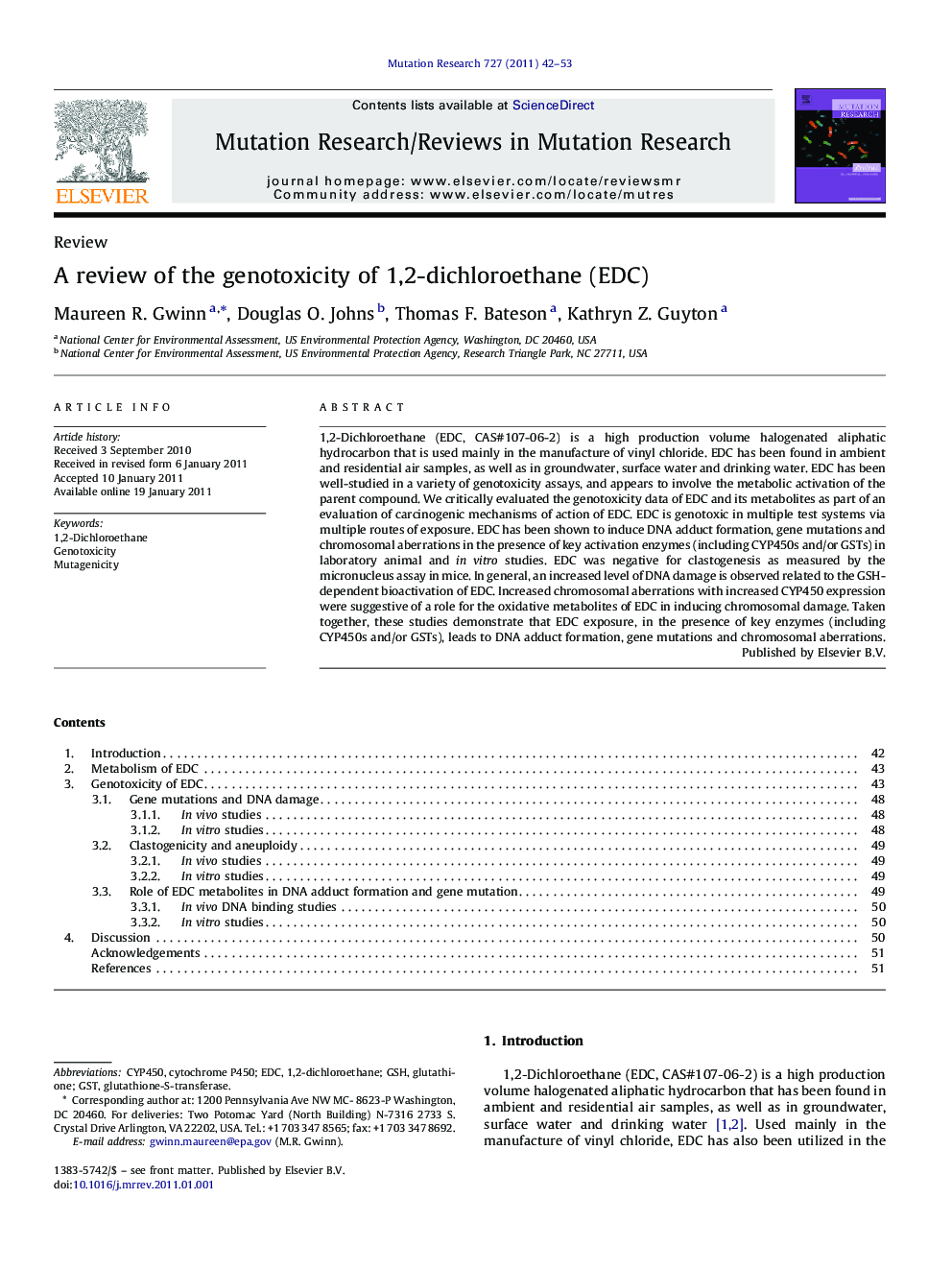 A review of the genotoxicity of 1,2-dichloroethane (EDC)
