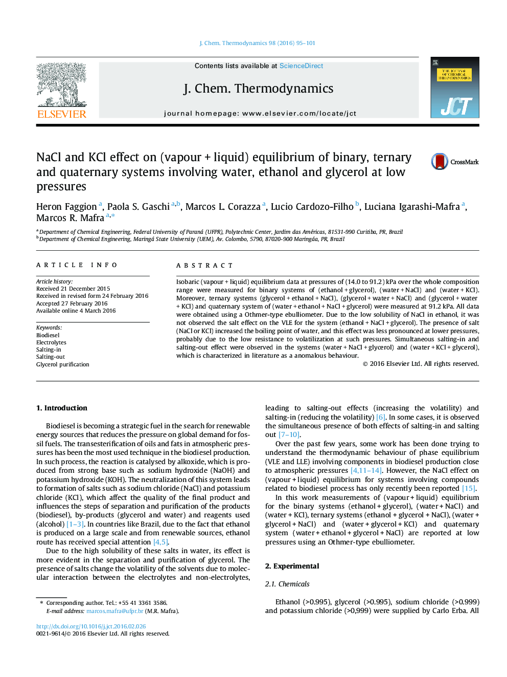 NaCl and KCl effect on (vapour + liquid) equilibrium of binary, ternary and quaternary systems involving water, ethanol and glycerol at low pressures