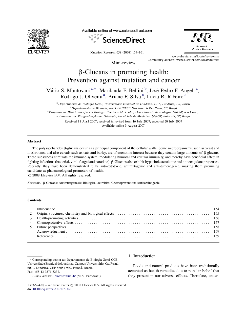 β-Glucans in promoting health: Prevention against mutation and cancer