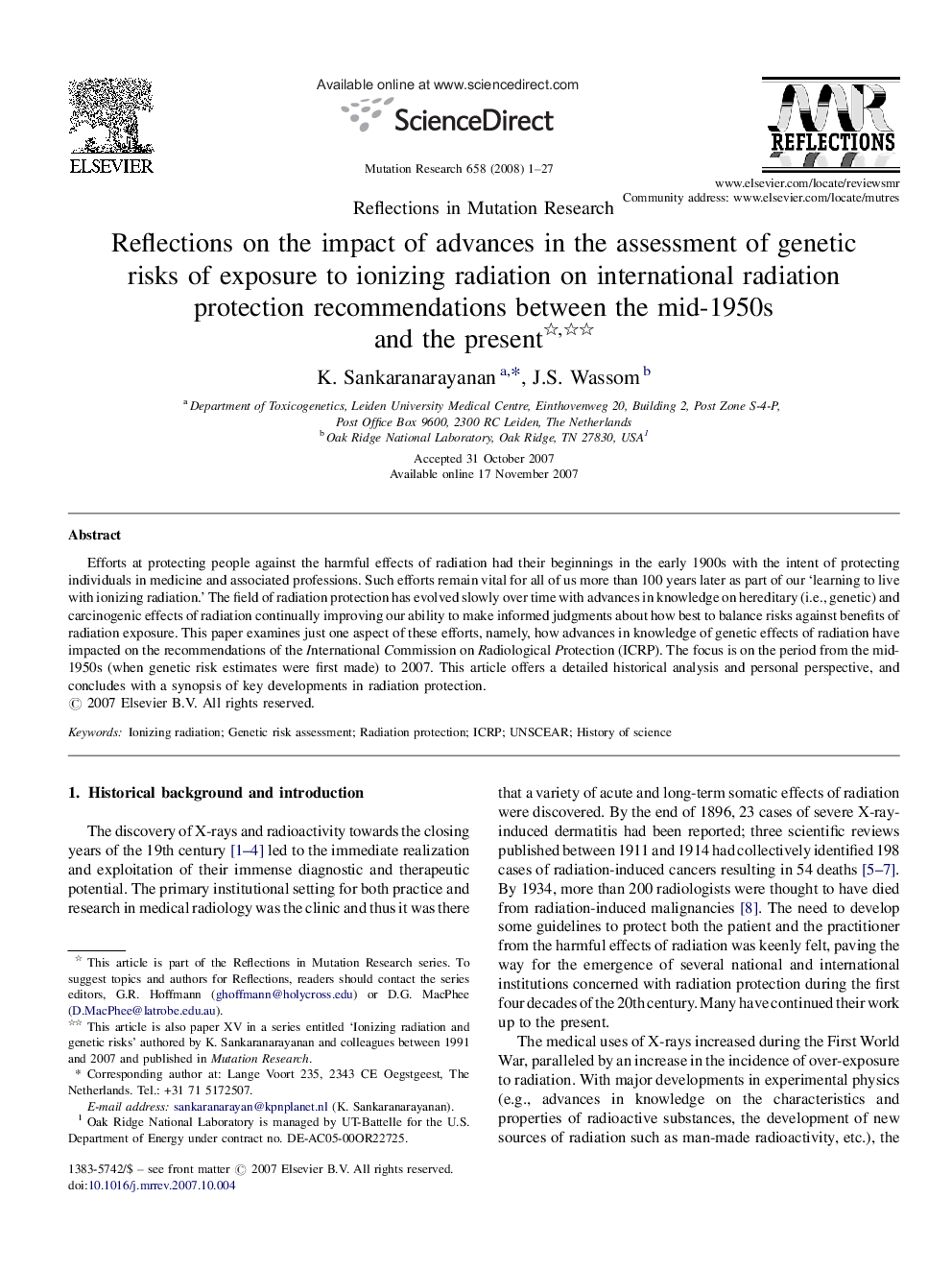 Reflections on the impact of advances in the assessment of genetic risks of exposure to ionizing radiation on international radiation protection recommendations between the mid-1950s and the present 