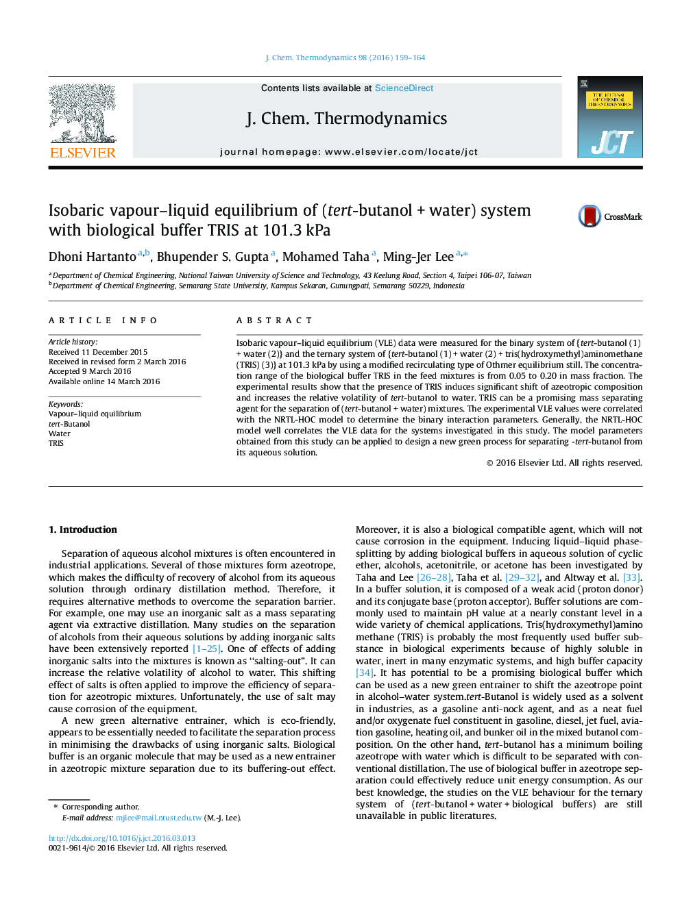 Isobaric vapour–liquid equilibrium of (tert-butanol + water) system with biological buffer TRIS at 101.3 kPa