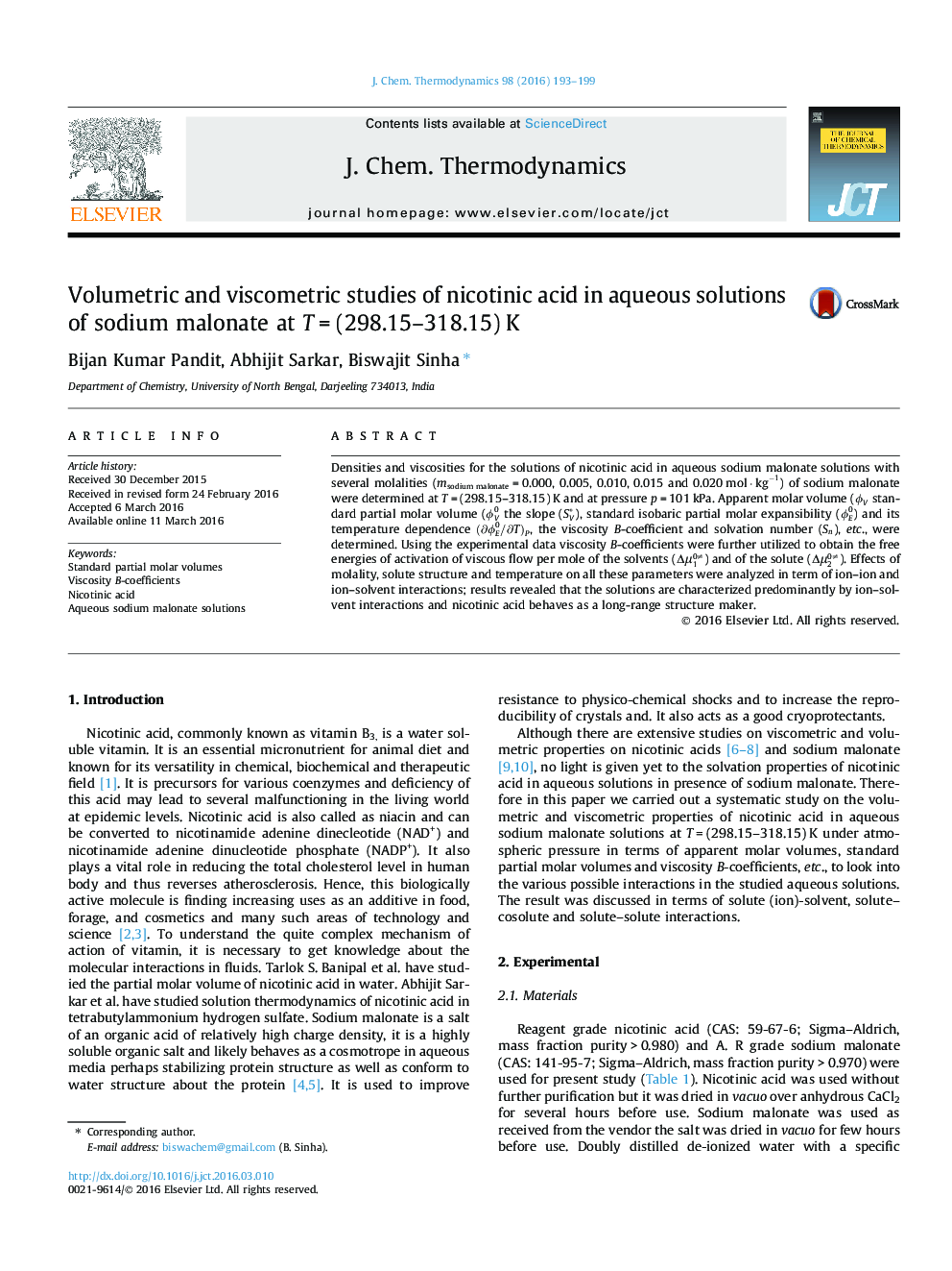 Volumetric and viscometric studies of nicotinic acid in aqueous solutions of sodium malonate at T = (298.15–318.15) K