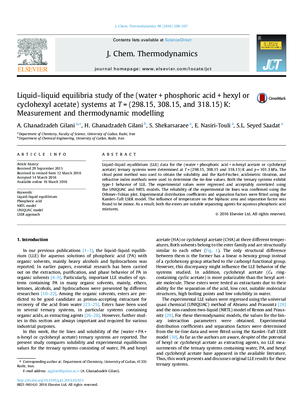 Liquid–liquid equilibria study of the (water + phosphoric acid + hexyl or cyclohexyl acetate) systems at T = (298.15, 308.15, and 318.15) K: Measurement and thermodynamic modelling