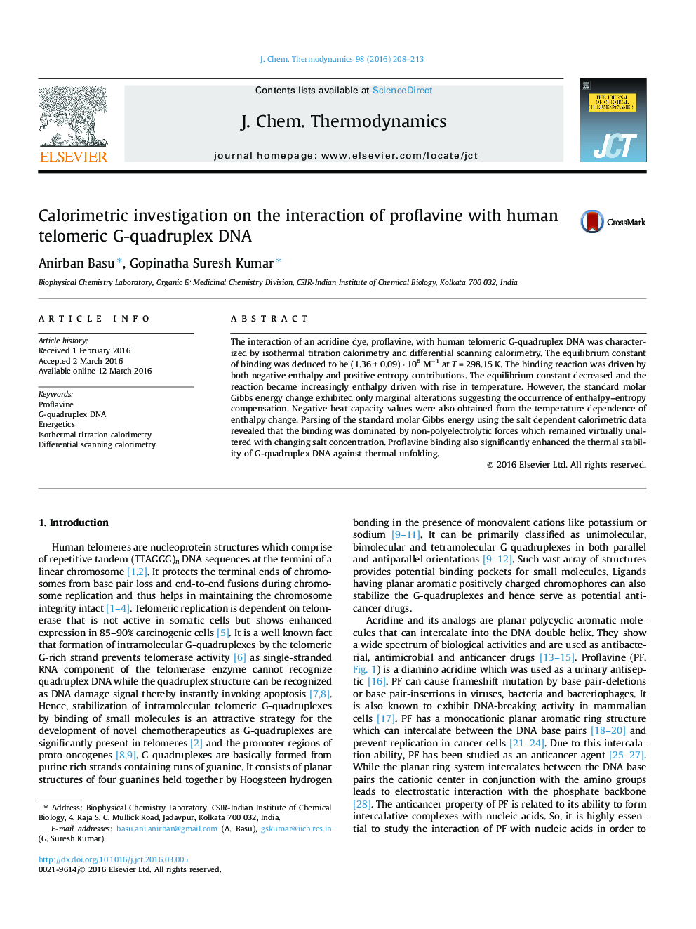 Calorimetric investigation on the interaction of proflavine with human telomeric G-quadruplex DNA