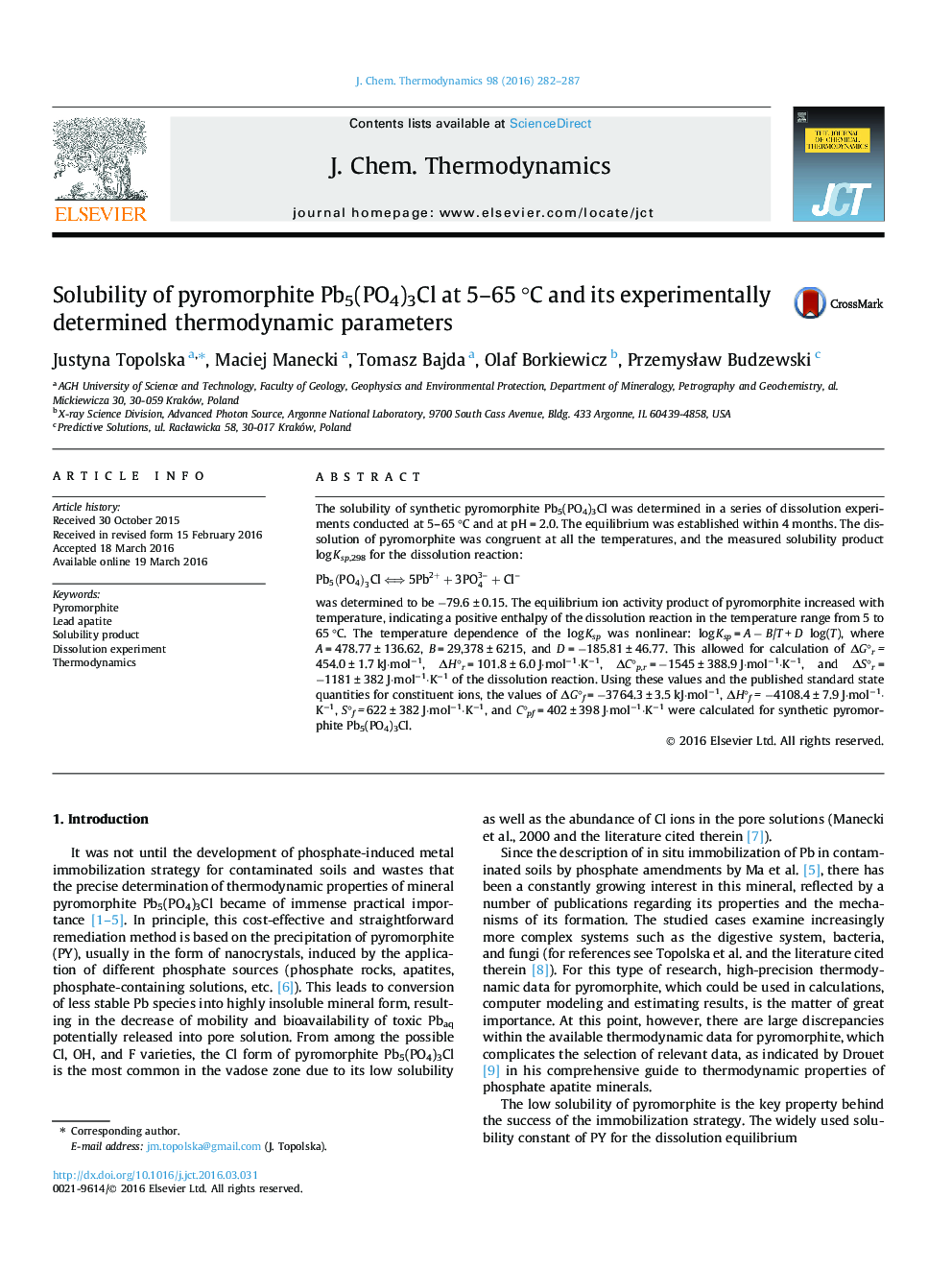 Solubility of pyromorphite Pb5(PO4)3Cl at 5–65 °C and its experimentally determined thermodynamic parameters