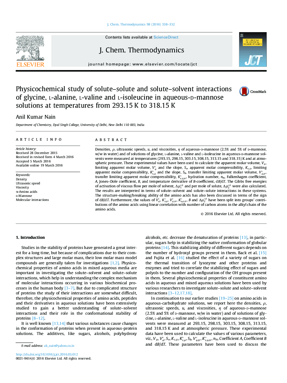 Physicochemical study of solute–solute and solute–solvent interactions of glycine, l-alanine, l-valine and l-isoleucine in aqueous-d-mannose solutions at temperatures from 293.15 K to 318.15 K