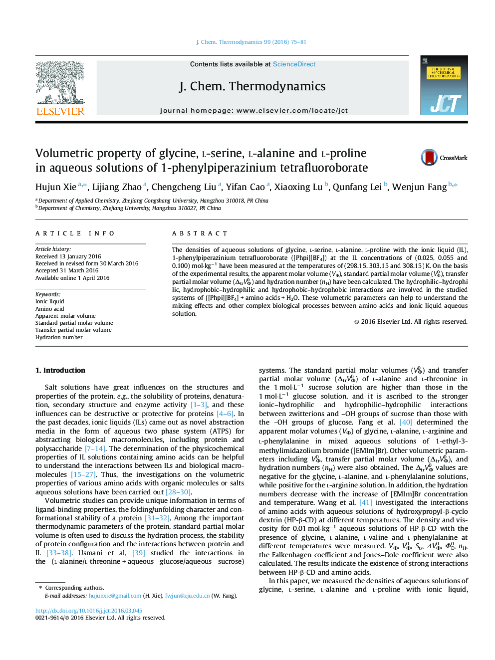 Volumetric property of glycine, l-serine, l-alanine and l-proline in aqueous solutions of 1-phenylpiperazinium tetrafluoroborate