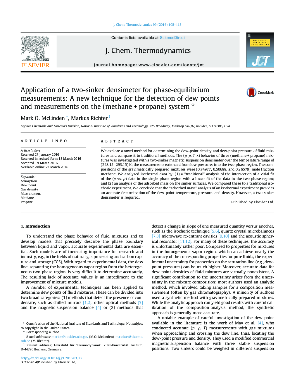 Application of a two-sinker densimeter for phase-equilibrium measurements: A new technique for the detection of dew points and measurements on the (methane + propane) system 