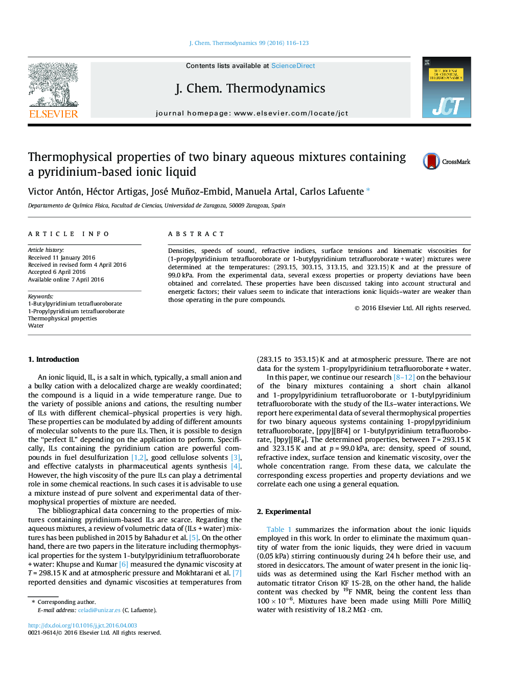 Thermophysical properties of two binary aqueous mixtures containing a pyridinium-based ionic liquid