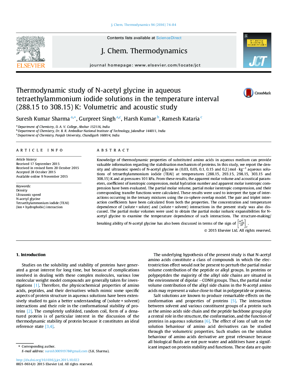 Thermodynamic study of N-acetyl glycine in aqueous tetraethylammonium iodide solutions in the temperature interval (288.15 to 308.15) K: Volumetric and acoustic study