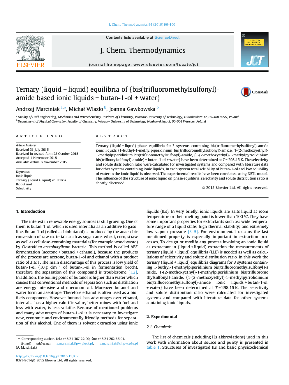 تعادل سه تایی (مایع + مایع) از {بیس (trifluoromethylsulfonyl) -amide مایعات یونی + بوتان-1-OL + آب امولسیون}