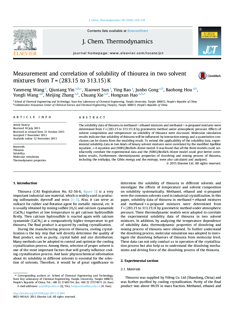 Measurement and correlation of solubility of thiourea in two solvent mixtures from T = (283.15 to 313.15) K
