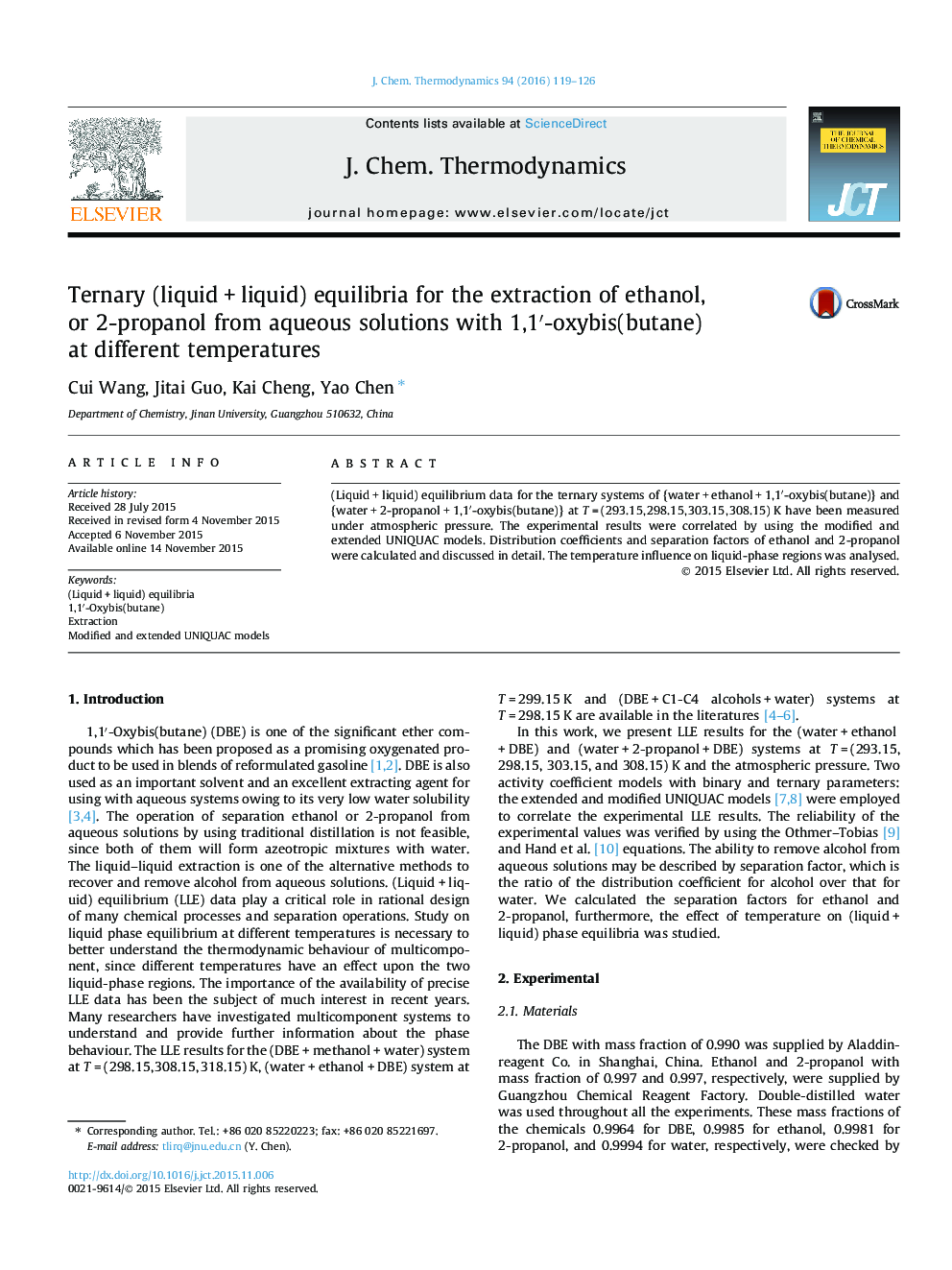 Ternary (liquid + liquid) equilibria for the extraction of ethanol, or 2-propanol from aqueous solutions with 1,1′-oxybis(butane) at different temperatures