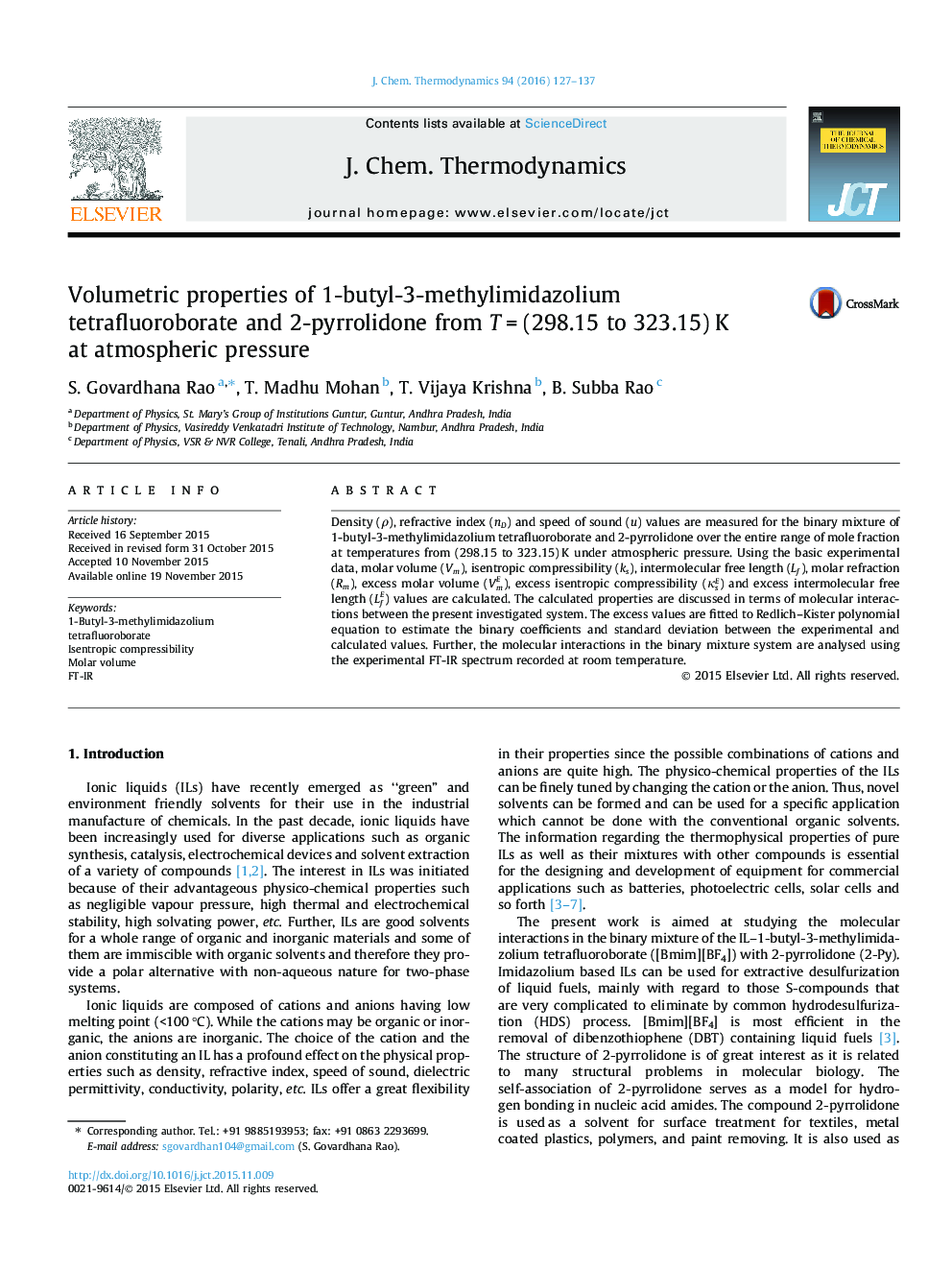 Volumetric properties of 1-butyl-3-methylimidazolium tetrafluoroborate and 2-pyrrolidone from T = (298.15 to 323.15) K at atmospheric pressure