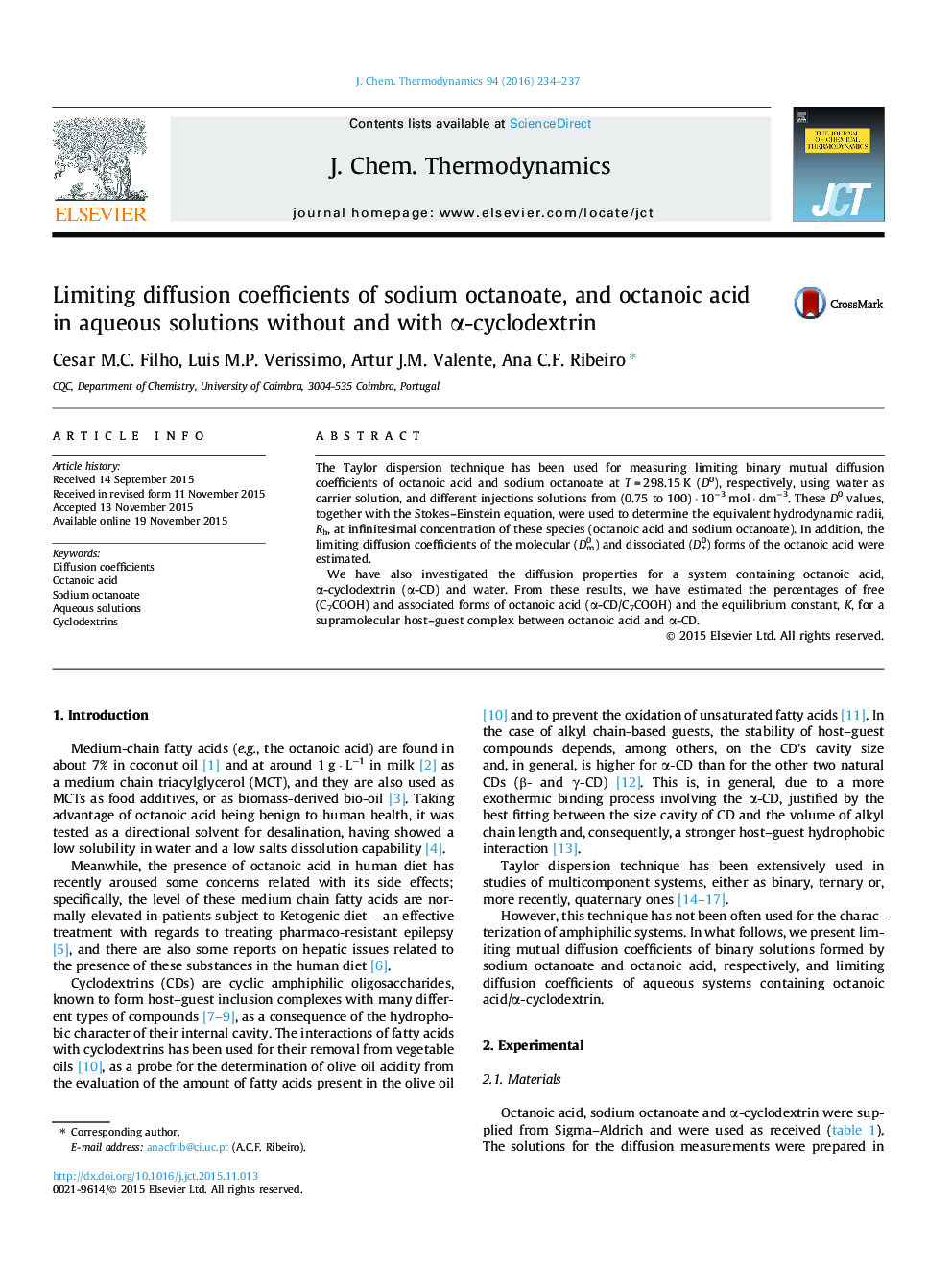 محدود کردن ضرایب انتشار octanoate سدیم و اسید octanoic در محلول های آبی بدون و با α سیکلودکسترین