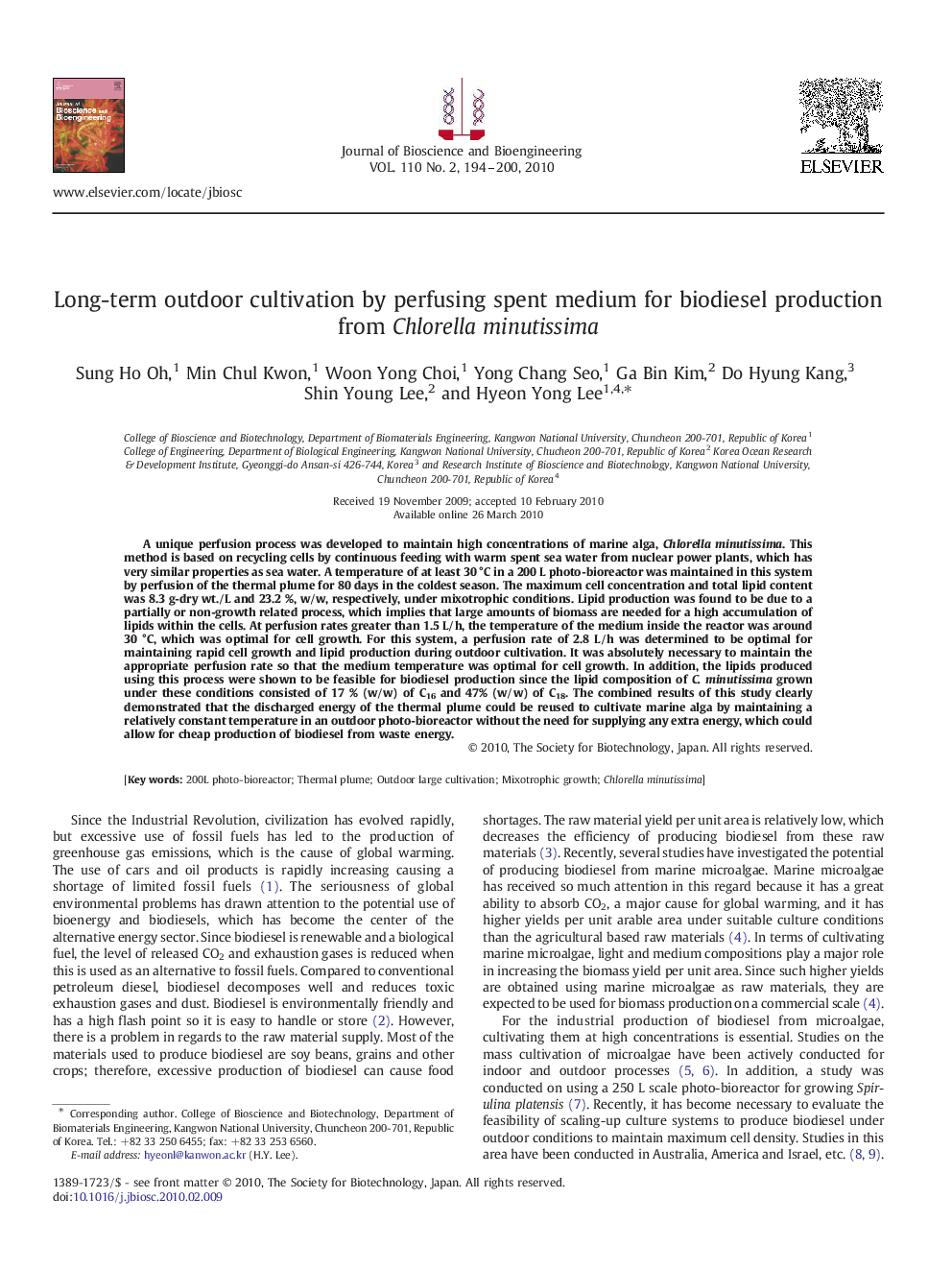 Long-term outdoor cultivation by perfusing spent medium for biodiesel production from Chlorella minutissima