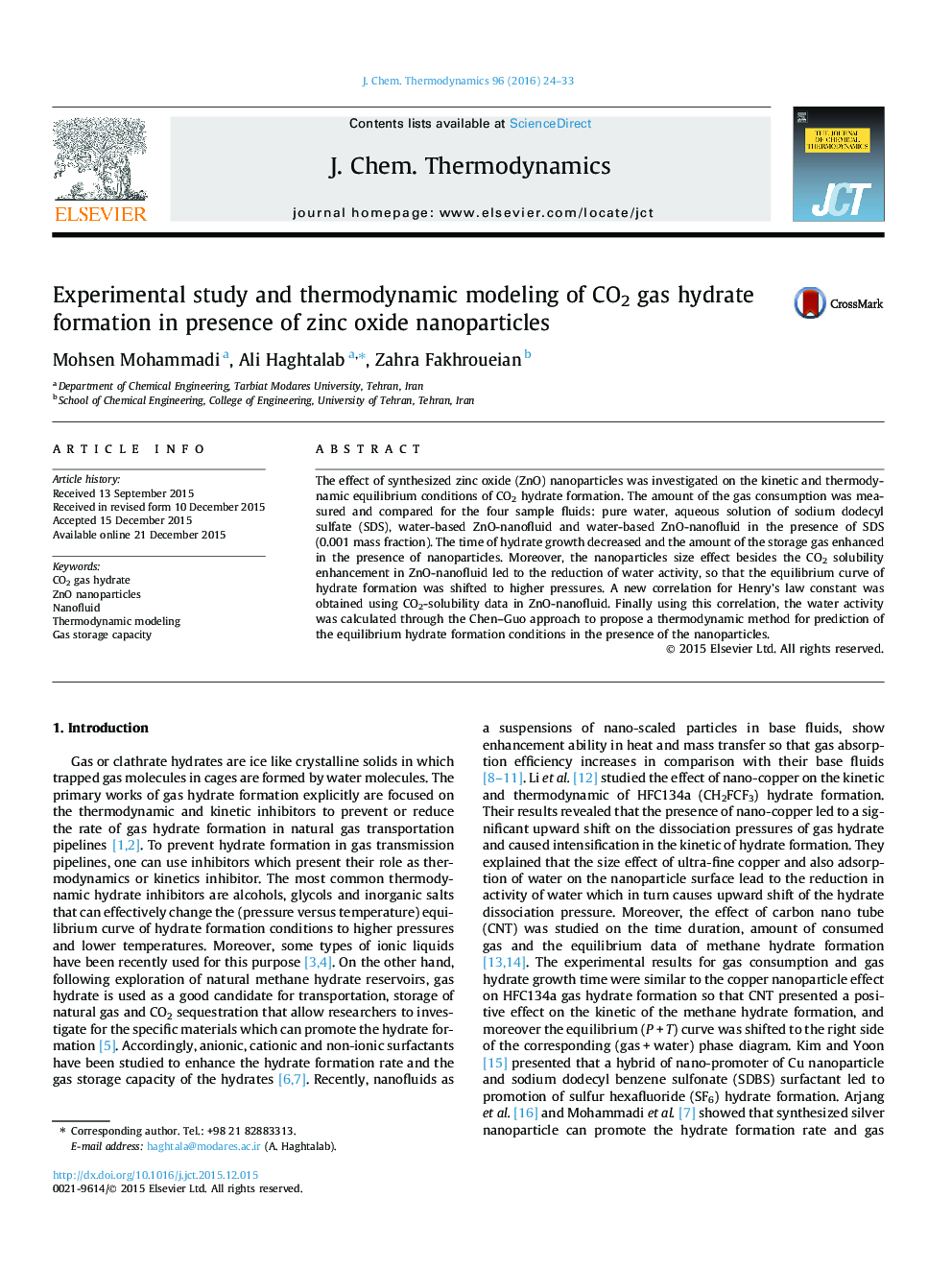 Experimental study and thermodynamic modeling of CO2 gas hydrate formation in presence of zinc oxide nanoparticles