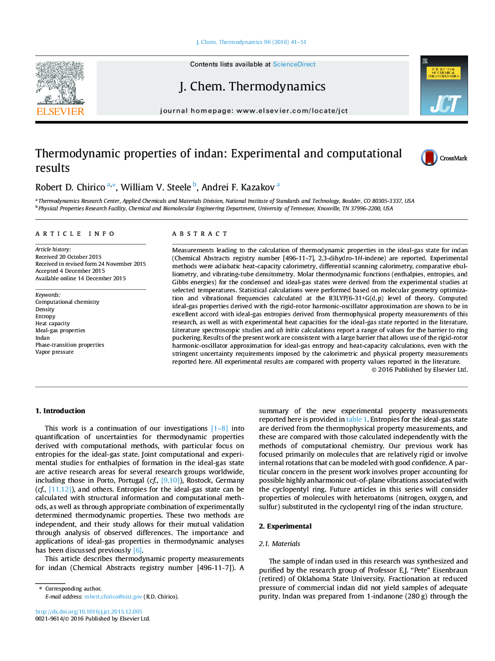 Thermodynamic properties of indan: Experimental and computational results