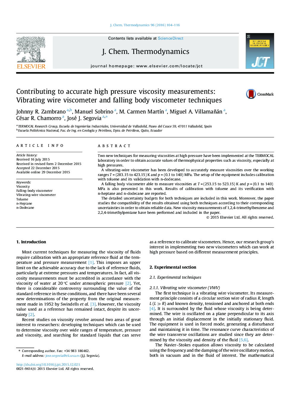 Contributing to accurate high pressure viscosity measurements: Vibrating wire viscometer and falling body viscometer techniques