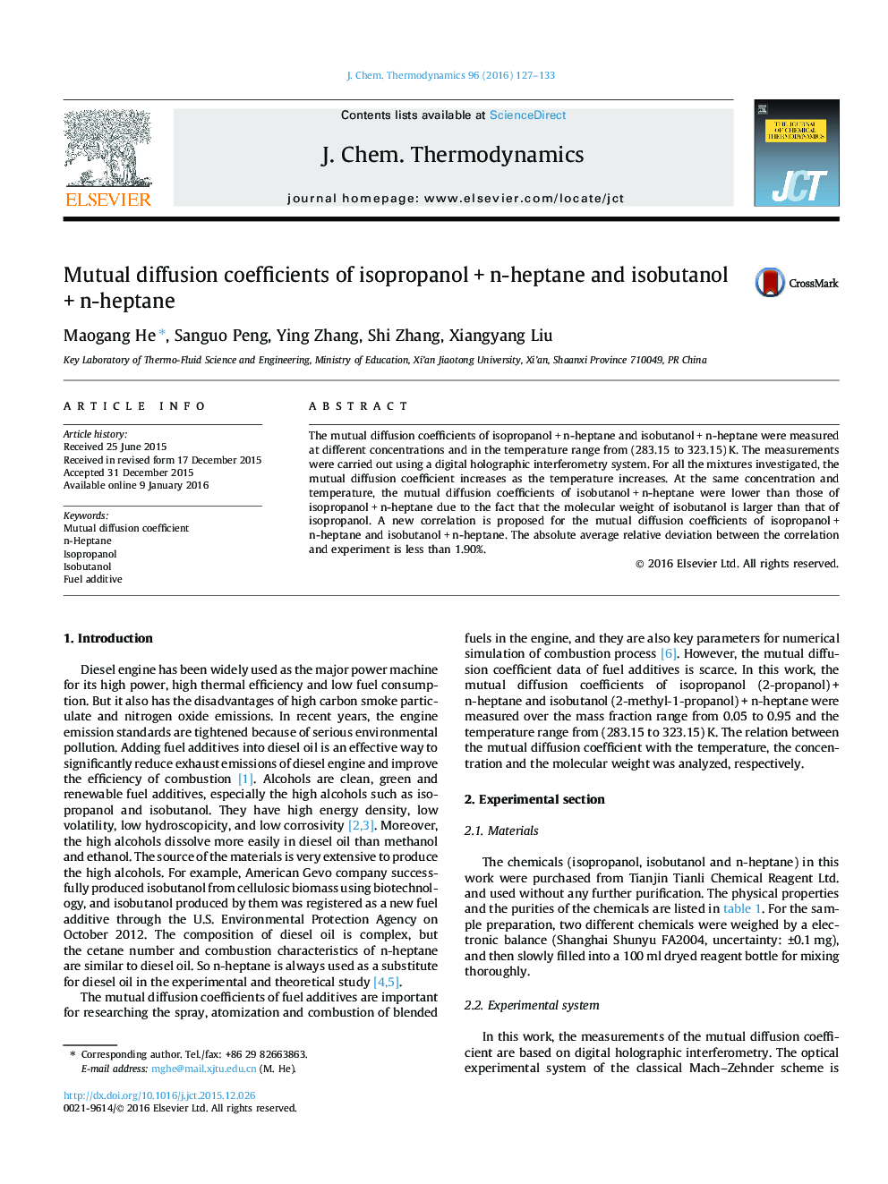 Mutual diffusion coefficients of isopropanol + n-heptane and isobutanol + n-heptane