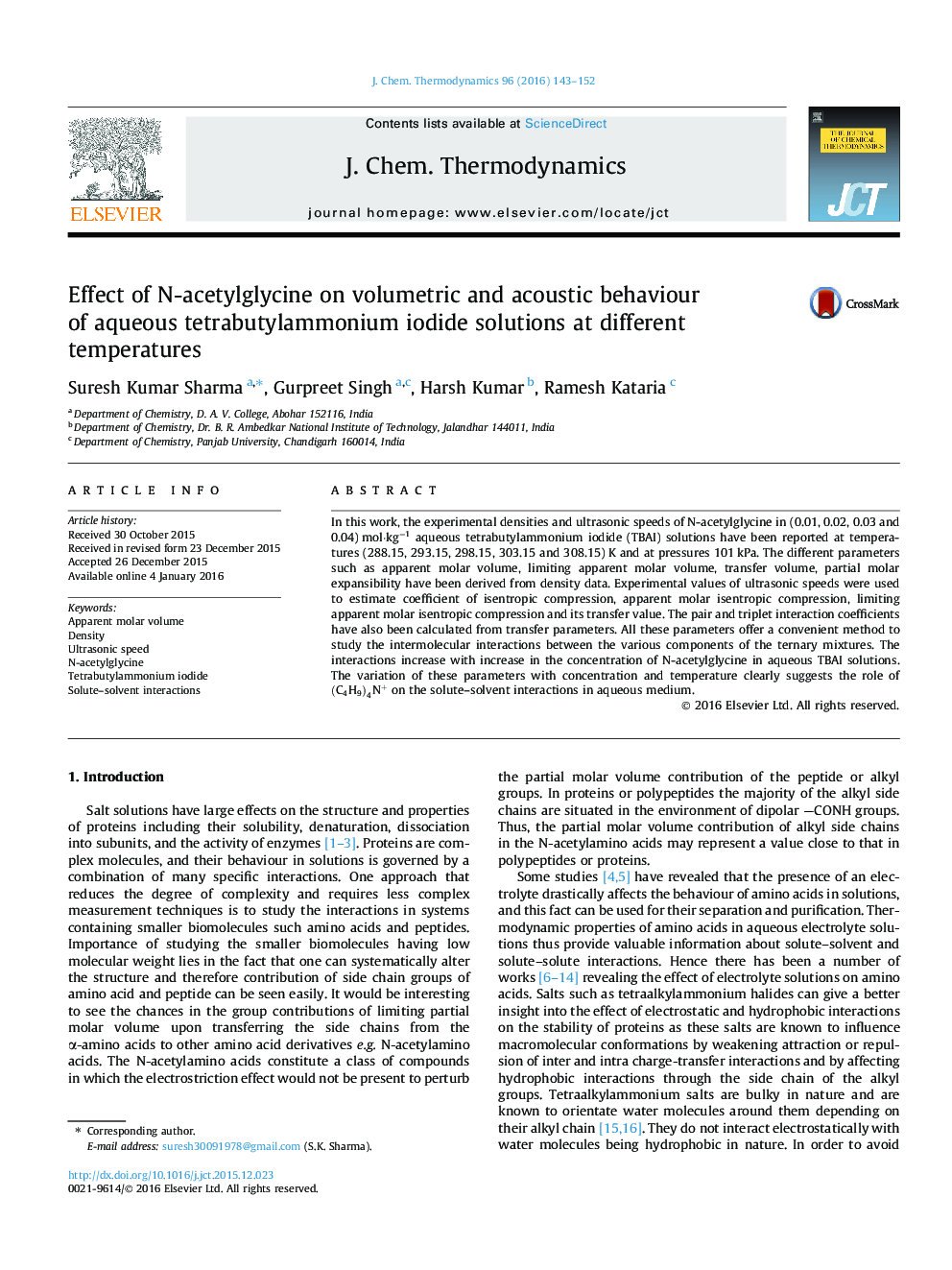 Effect of N-acetylglycine on volumetric and acoustic behaviour of aqueous tetrabutylammonium iodide solutions at different temperatures