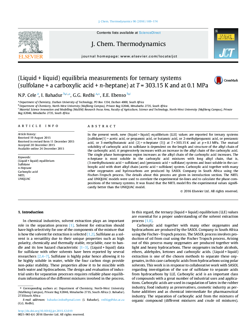 (Liquid + liquid) equilibria measurements for ternary systems (sulfolane + a carboxylic acid + n-heptane) at T = 303.15 K and at 0.1 MPa