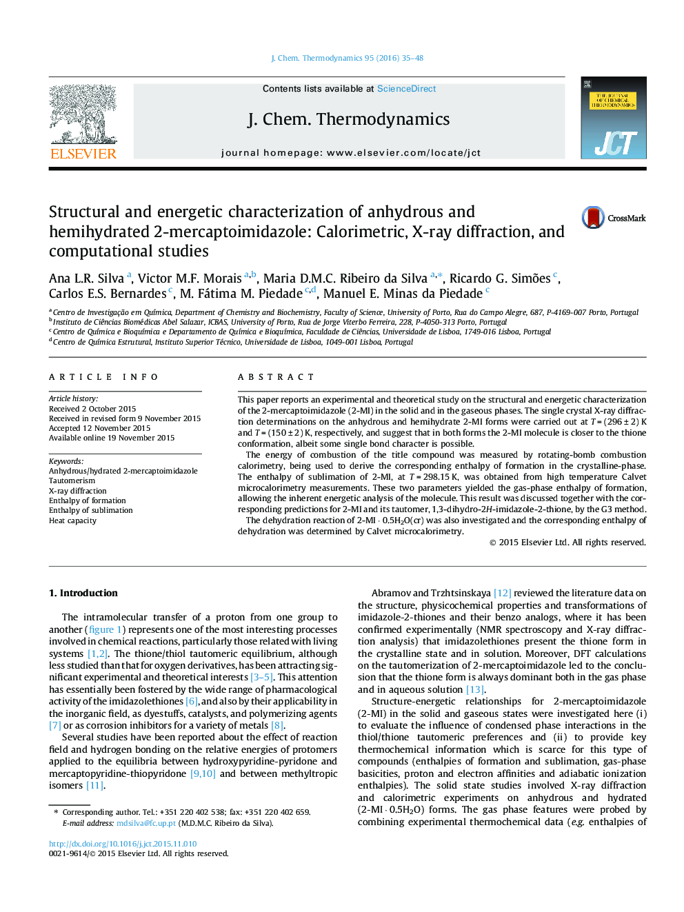 خصوصیات سازه ای و پر انرژی بدون آب و نیمه هیدرات 2-мерکارپتویمیدازول: کولورمتری، پراش اشعه ایکس و مطالعات محاسباتی 