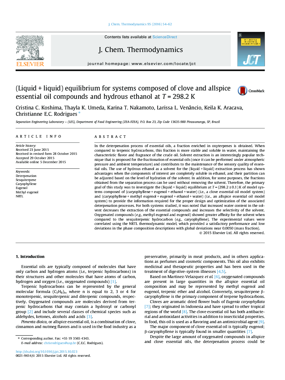 (Liquid + liquid) equilibrium for systems composed of clove and allspice essential oil compounds and hydrous ethanol at T = 298.2 K