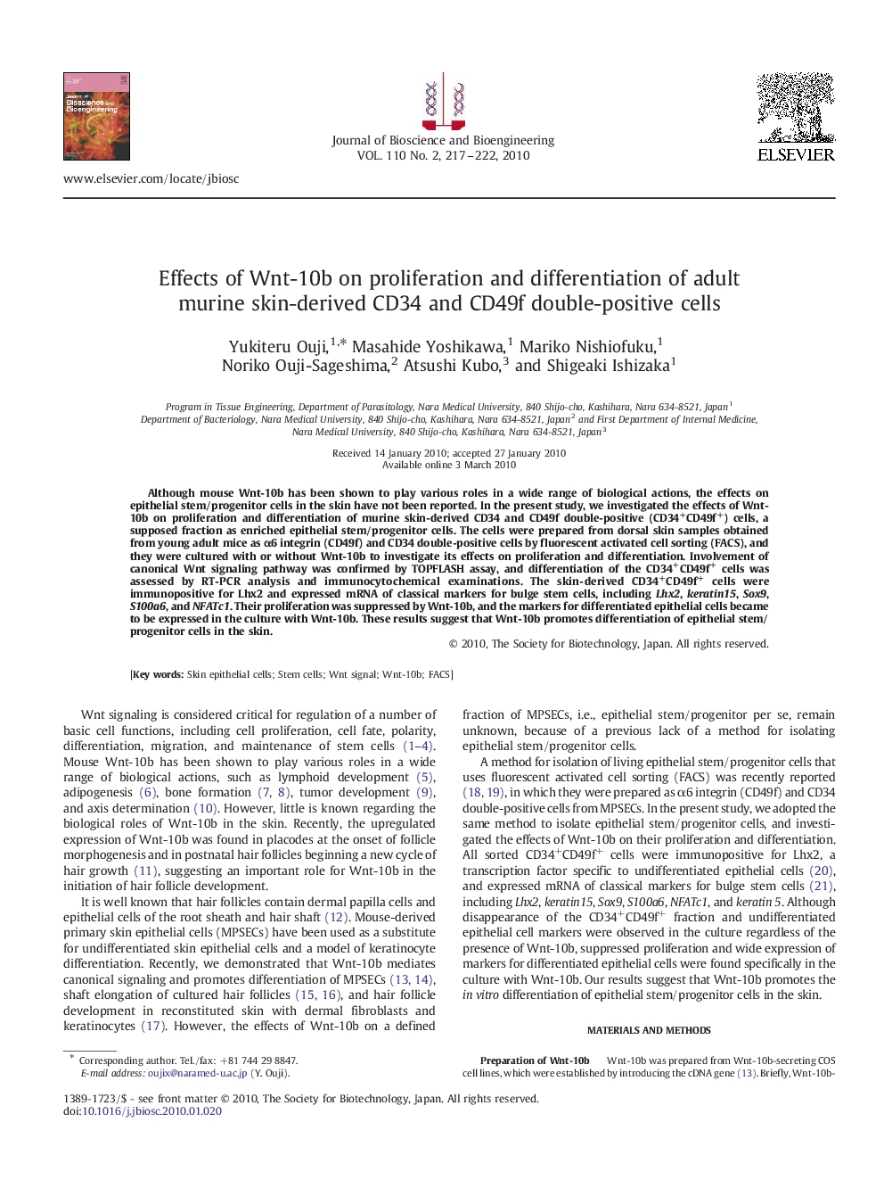 Effects of Wnt-10b on proliferation and differentiation of adult murine skin-derived CD34 and CD49f double-positive cells