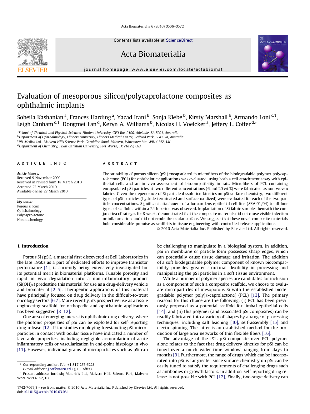 Evaluation of mesoporous silicon/polycaprolactone composites as ophthalmic implants