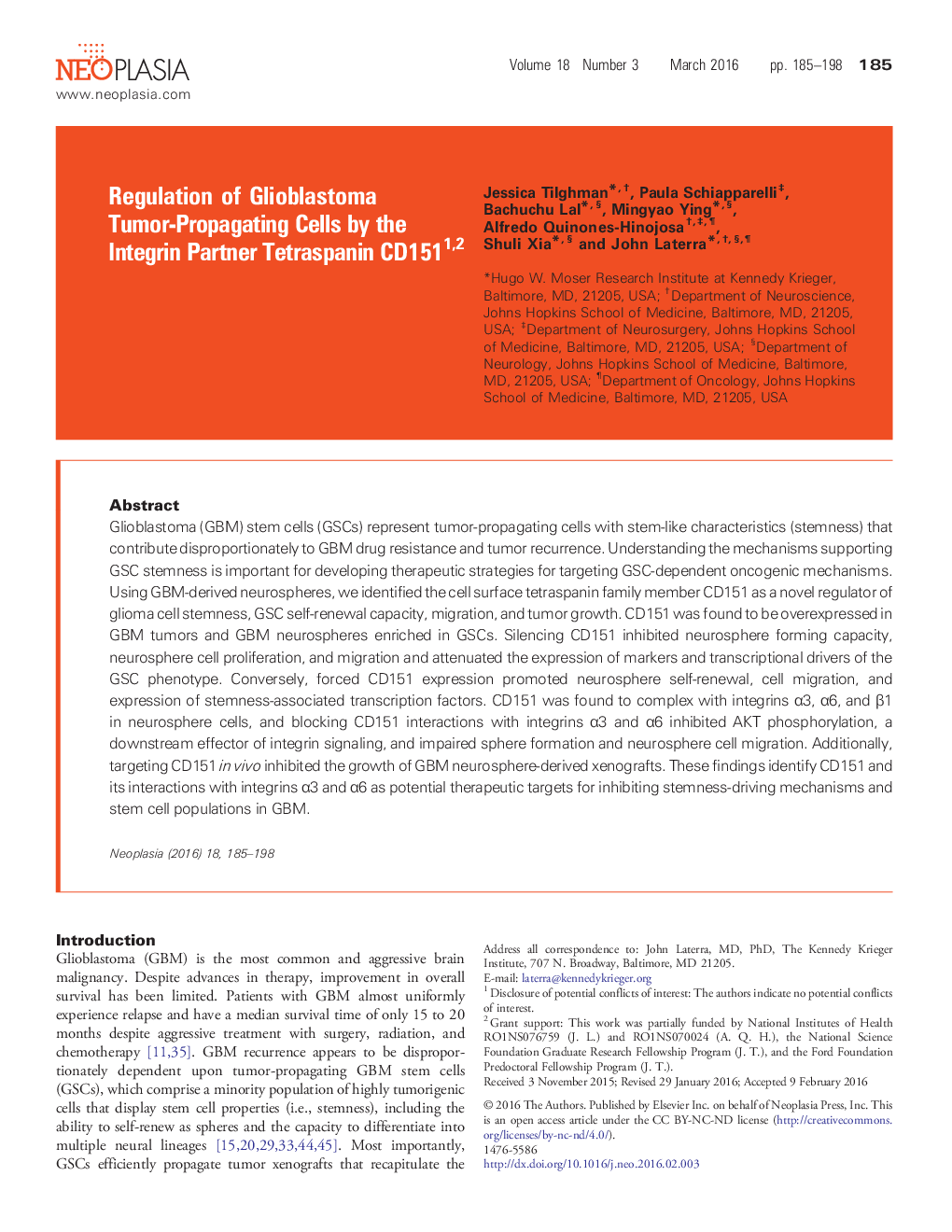 Regulation of Glioblastoma Tumor-Propagating Cells by the Integrin Partner Tetraspanin CD151 12