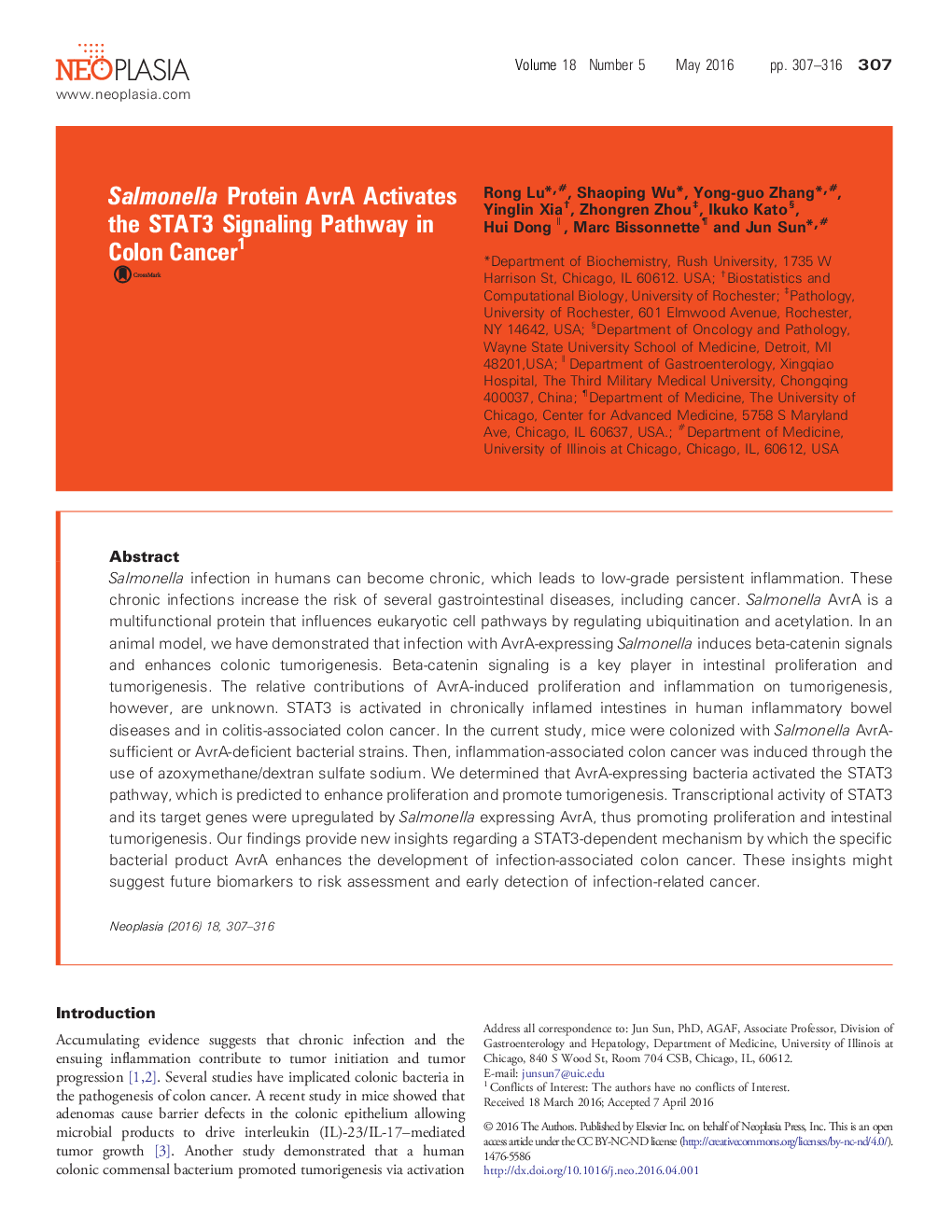 Salmonella Protein AvrA Activates the STAT3 Signaling Pathway in Colon Cancer 1