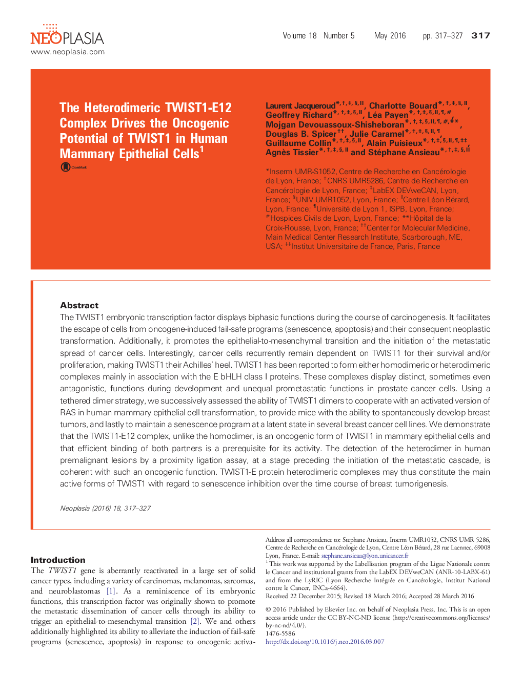 The Heterodimeric TWIST1-E12 Complex Drives the Oncogenic Potential of TWIST1 in Human Mammary Epithelial Cells 1