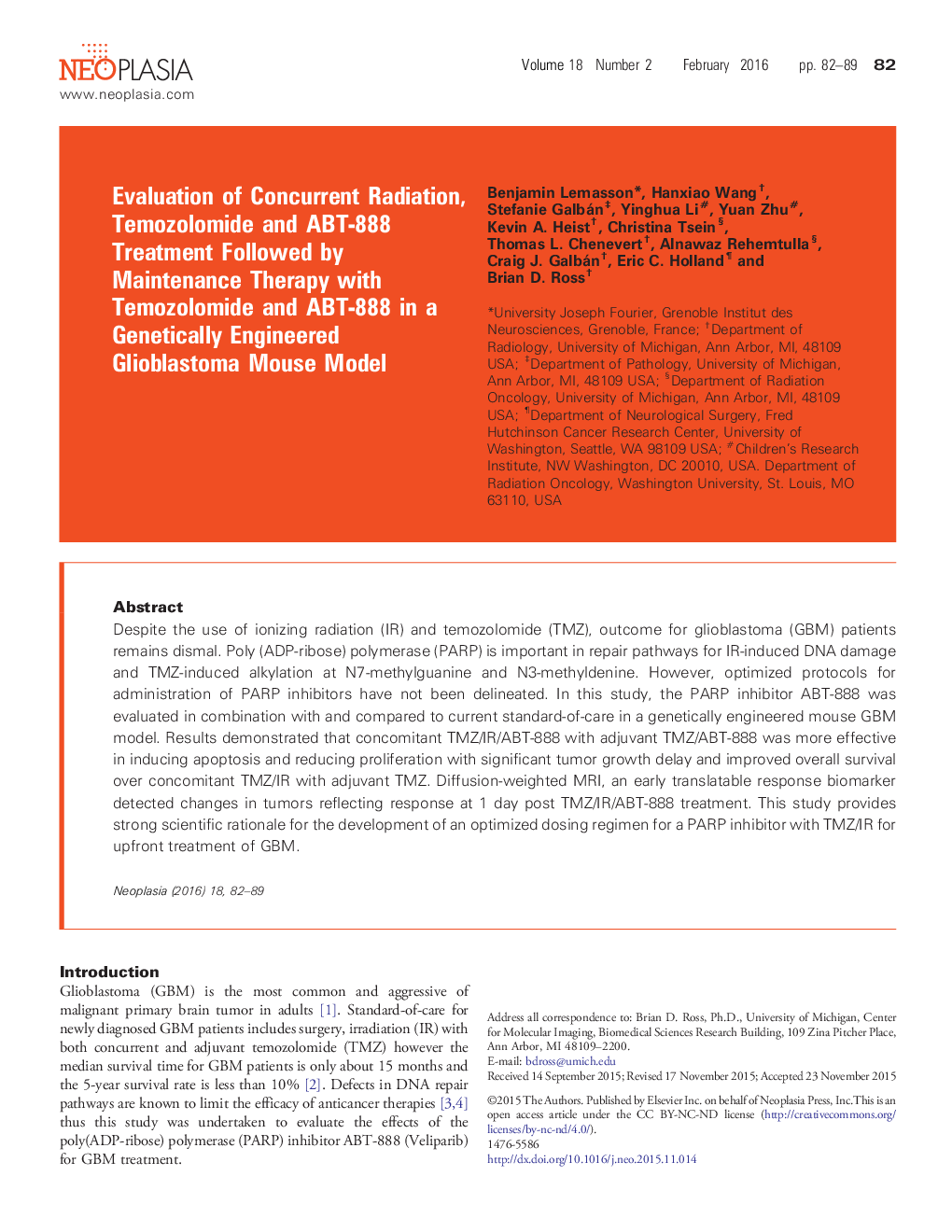 Evaluation of Concurrent Radiation, Temozolomide and ABT-888 Treatment Followed by Maintenance Therapy with Temozolomide and ABT-888 in a Genetically Engineered Glioblastoma Mouse Model