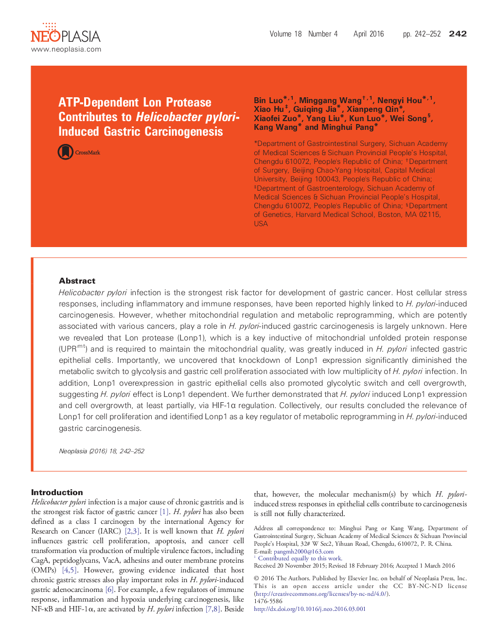 ATP-Dependent Lon Protease Contributes to Helicobacter pylori-Induced Gastric Carcinogenesis