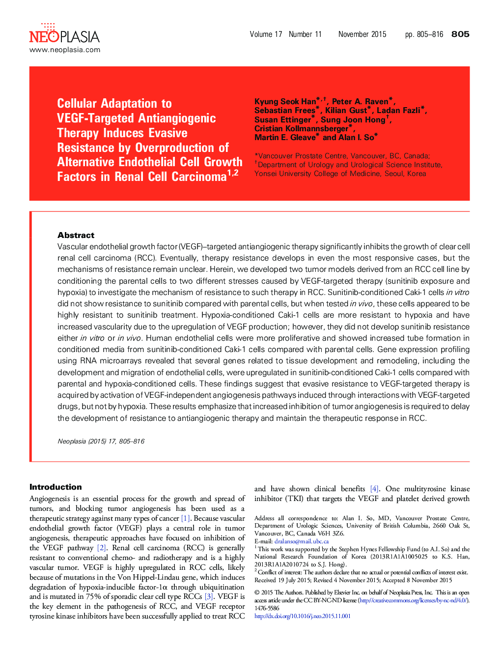 Cellular Adaptation to VEGF-Targeted Antiangiogenic Therapy Induces Evasive Resistance by Overproduction of Alternative Endothelial Cell Growth Factors in Renal Cell Carcinoma 12