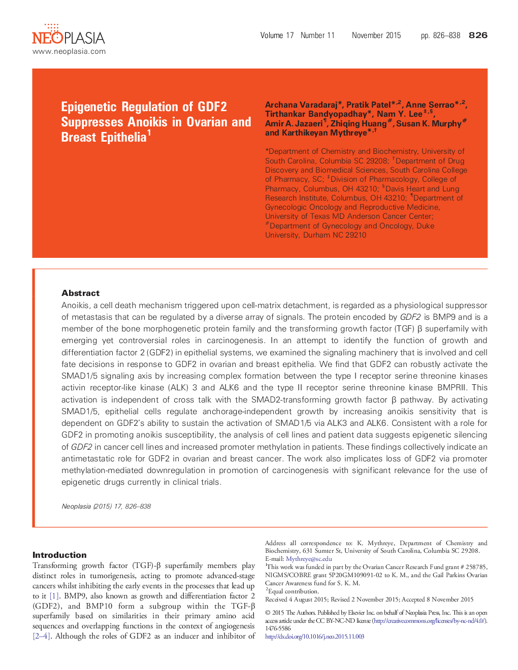 Epigenetic Regulation of GDF2 Suppresses Anoikis in Ovarian and Breast Epithelia 1
