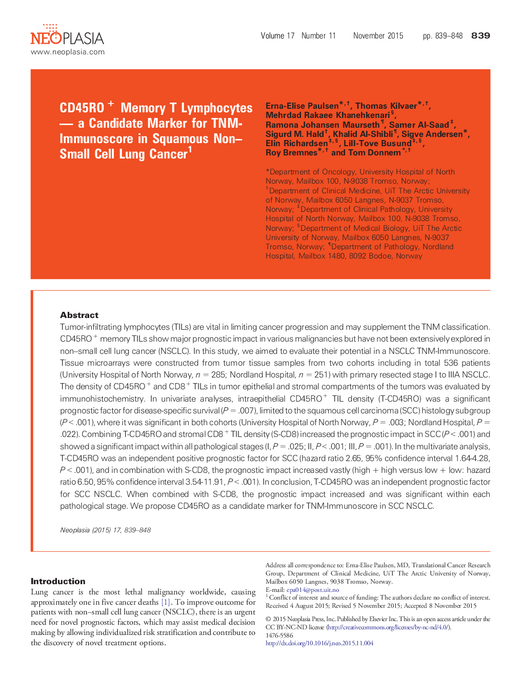 CD45RO+ Memory T Lymphocytes — a Candidate Marker for TNM-Immunoscore in Squamous Non–Small Cell Lung Cancer 1