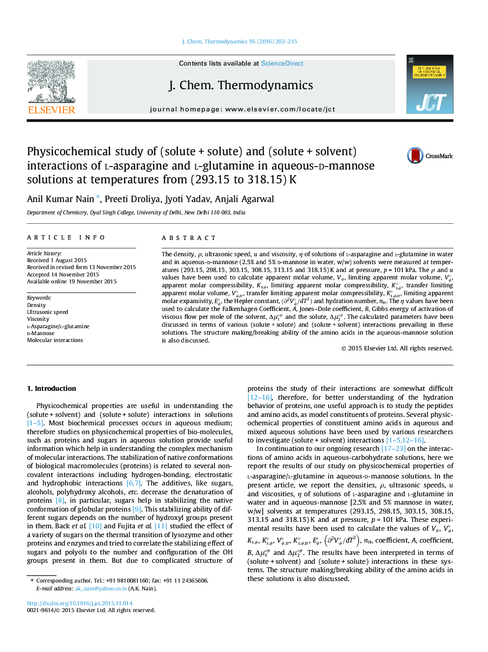 Physicochemical study of (solute + solute) and (solute + solvent) interactions of l-asparagine and l-glutamine in aqueous-d-mannose solutions at temperatures from (293.15 to 318.15) K