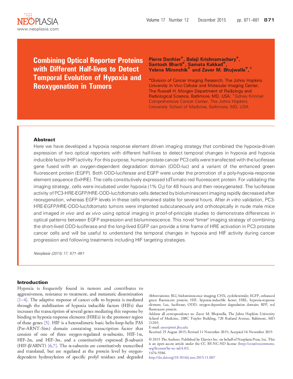 ترکیب پروتئین خبرنگار اپتیک با نیمه عمر مختلف برای تشخیص تکامل زمانبندی هیپوکسی و رکس کینگ شدن در تومور 