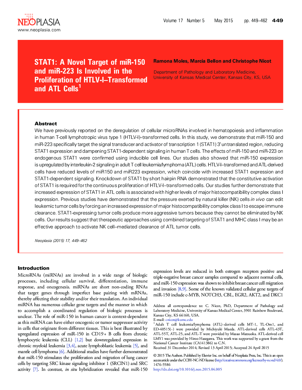 STAT1: A Novel Target of miR-150 and miR-223 Is Involved in the Proliferation of HTLV-I–Transformed and ATL Cells 1