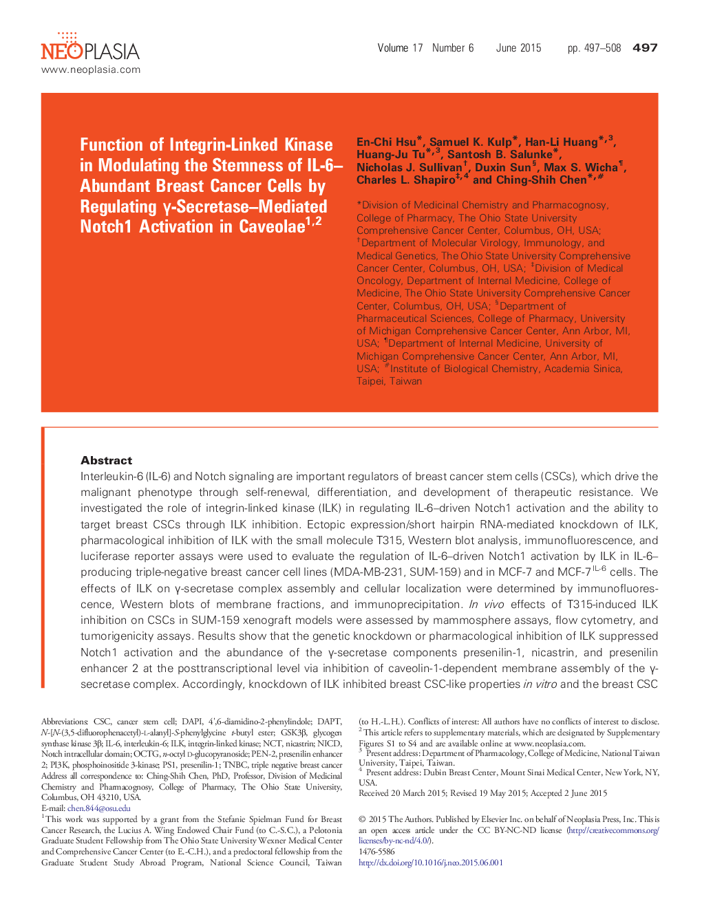 Function of Integrin-Linked Kinase in Modulating the Stemness of IL-6–Abundant Breast Cancer Cells by Regulating γ-Secretase–Mediated Notch1 Activation in Caveolae 12