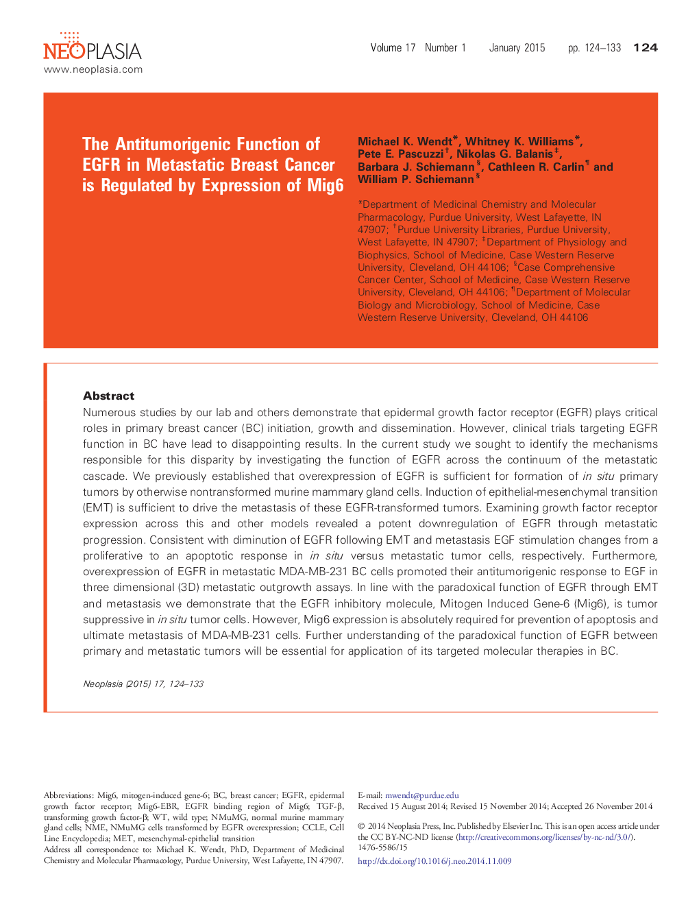 The Antitumorigenic Function of EGFR in Metastatic Breast Cancer is Regulated by Expression of Mig6