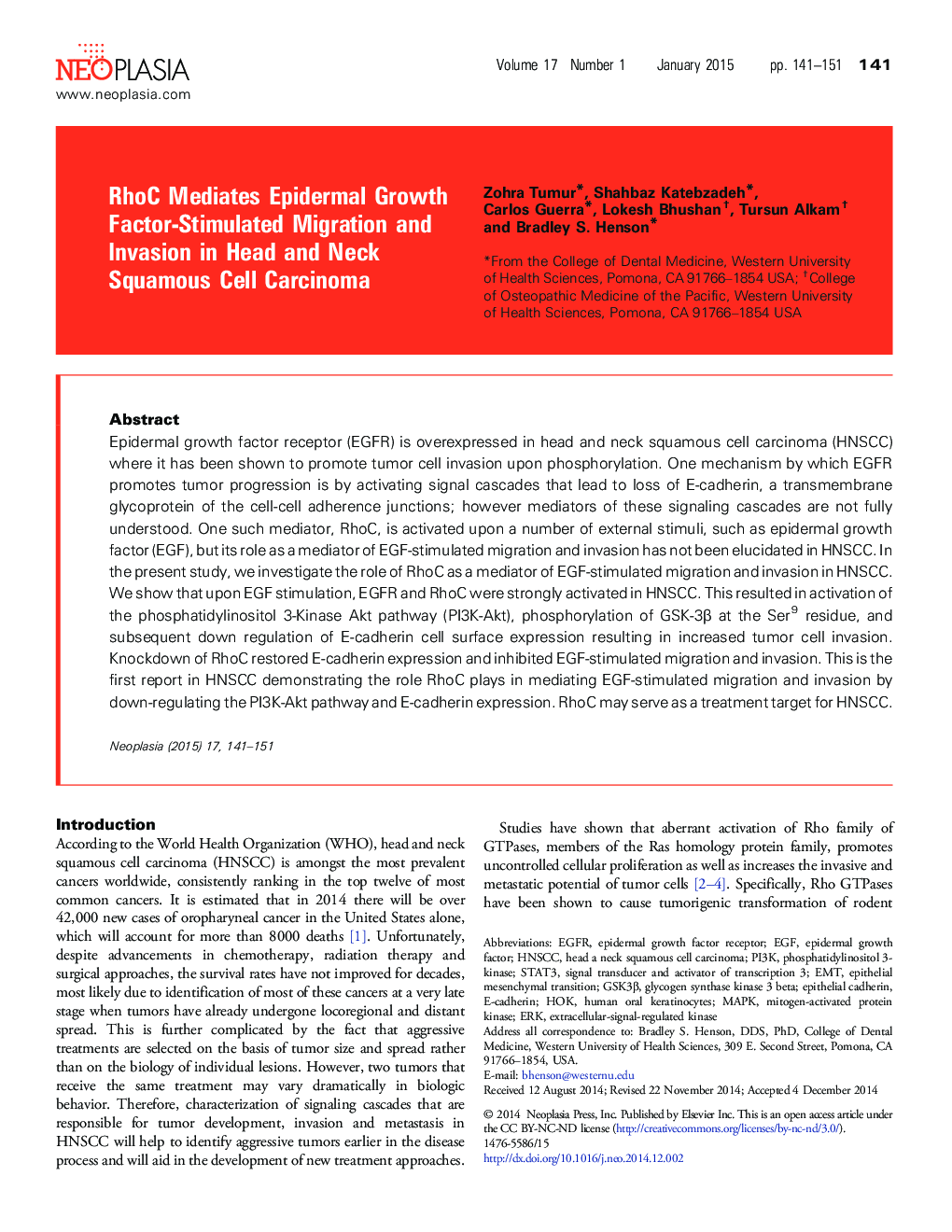 RhoC Mediates Epidermal Growth Factor-Stimulated Migration and Invasion in Head and Neck Squamous Cell Carcinoma