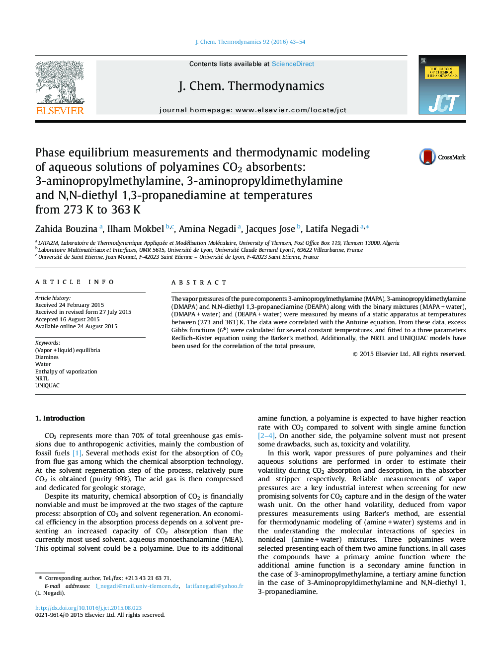Phase equilibrium measurements and thermodynamic modeling of aqueous solutions of polyamines CO2 absorbents: 3-aminopropylmethylamine, 3-aminopropyldimethylamine and N,N-diethyl 1,3-propanediamine at temperatures from 273 K to 363 K