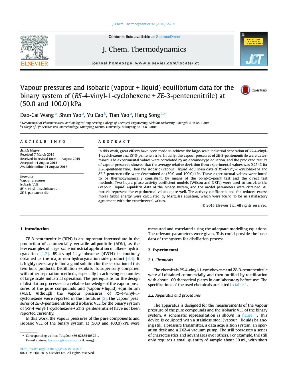 Vapour pressures and isobaric (vapour + liquid) equilibrium data for the binary system of (RS-4-vinyl-1-cyclohexene + ZE-3-pentenenitrile) at (50.0 and 100.0) kPa