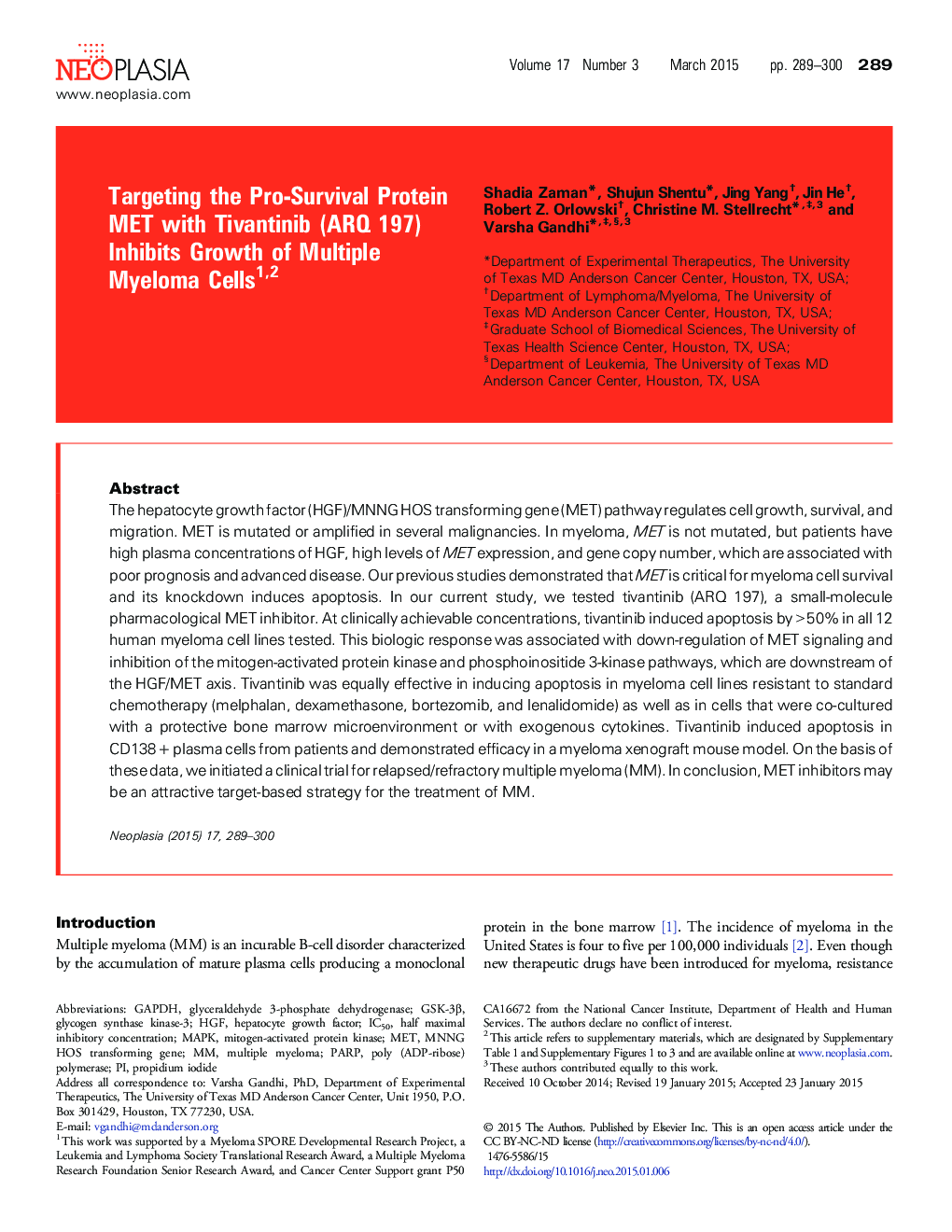 Targeting the Pro-Survival Protein MET with Tivantinib (ARQ 197) Inhibits Growth of Multiple Myeloma Cells 12