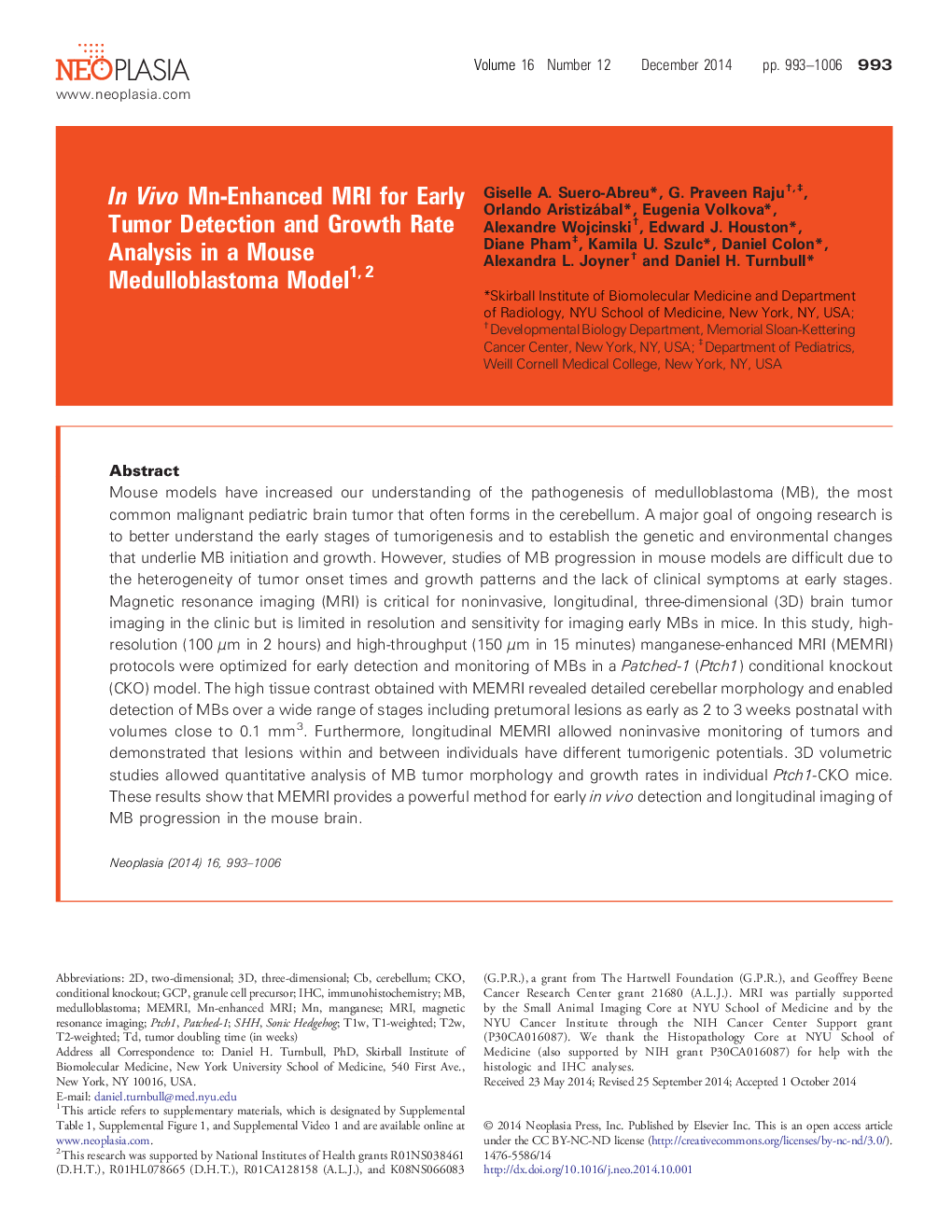 In Vivo Mn-Enhanced MRI for Early Tumor Detection and Growth Rate Analysis in a Mouse Medulloblastoma Model